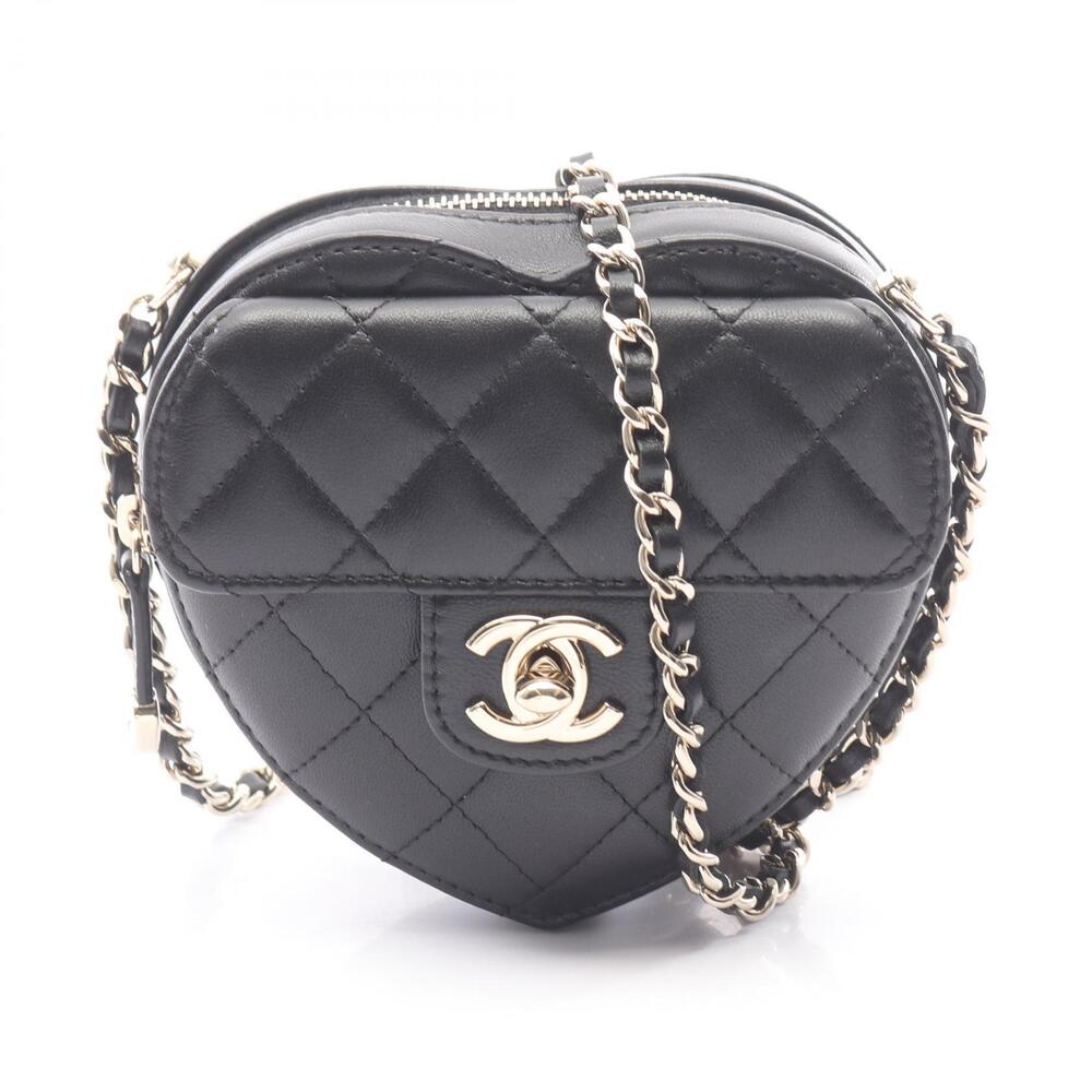 Chanel Heart Chain Clutch Bag Matelasse Shoulder Lambskin Leather Black